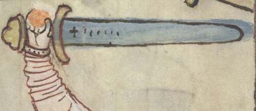 Figure 2. Sword blades inscribed with names. Top: Sword of Orion, from Cotton Tiberius B.V., fol. 39 (mid-eleventh century). © The British Library Board. Bottom: tenth-century sword from Norway. © The National Museum of Denmark, accession no. 780 (Brunning Citation2019, 24)