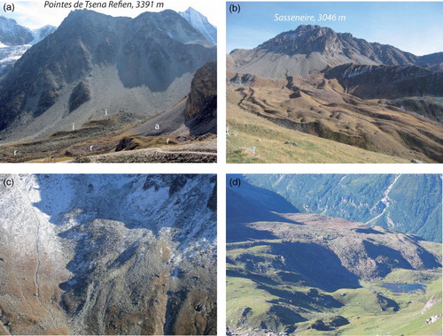Figure 9. Gravitational and periglacial landforms in the Hérens valley. (a) Talus slopes and rock glaciers in the Fontanesses catchment (Arolla). a, active rock glacier, i, inactive rock glaciers, r, relict rock glaciers. (b) The large A-Vieille relict rock glacier, made of calcschists of the Sasseneire. (c) La Roussette active rock glacier (east of Arolla). (d) The large inactive rock glacier of Liapey d'Enfer.