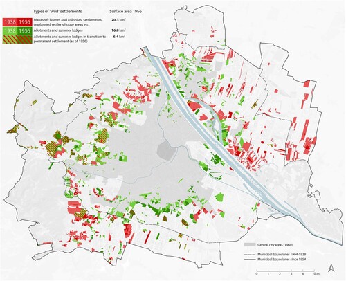 Figure 1. Vienna’s informal fringe 1918–1938–1956. Source: Friedrich Hauer & Thomas Bozzetta, basemap: data source – Stadt Wien. (research project ‘Wien Informell’ (OeNB) grant number 18584.).