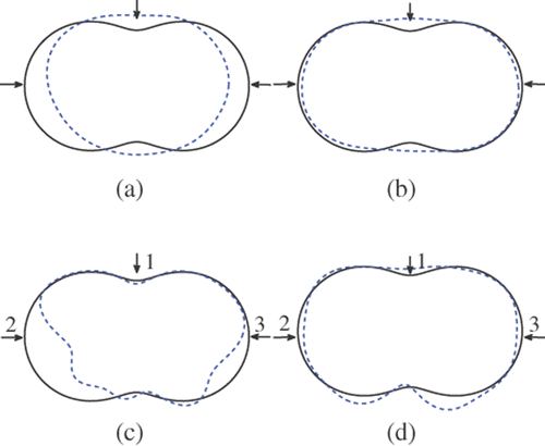 Figure 20. Reconstructions for the peanut with regularization parameter 10−7 and measuring angle π: (a) Method 1 (k = 3), (b) method 1 (k = 1), (c) method 2 (k = 3) and (d) method 2 (k = 1).