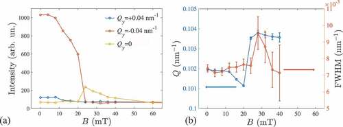 Figure 4. (a) Intensity, (b) position in the k-space (Q) and width (FWHM) of magnetic Bragg peaks vs. magnetic field dependencies in helical (0<B<20 mT) and conical (20<B<40 mT) states.