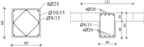 Figure 13. Cross-sections of columns and beams with steel reinforcement.