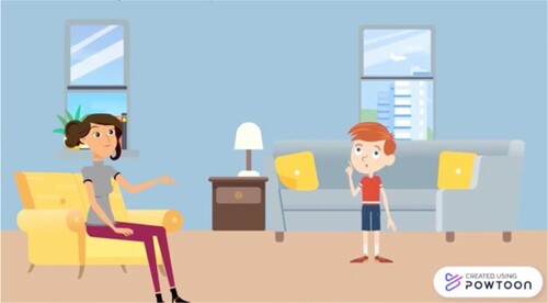 Figure 3. Discussing Privacy. Description: The researcher sits to the left of the screen in an armchair while the child stands in front of a couch. The child is thinking about something.