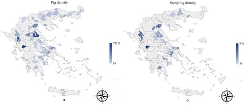 Figure 1. Pig density (number of pigs/region) in Greece (Annual Porcine Census Citation2021) and sampling density (number of pigs sampled/region) are presented with blue colour in maps (a) and (b), respectively. The higher the density, the darker the blue colour of the regions.