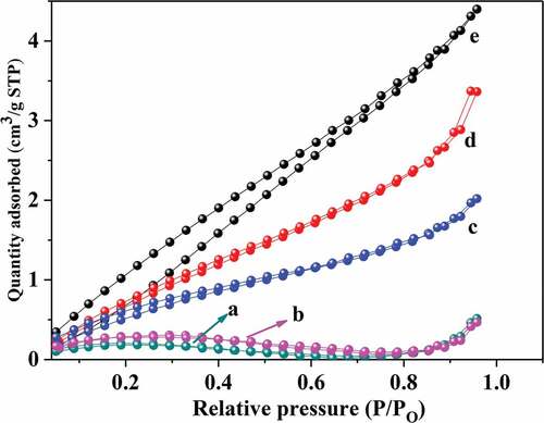 Figure 10. Nitrogen adsorption-desorption isotherm curves for different goat hair (Lower curve: adsorption curve; Upper curve: desorption curve). (a) CGH, (b) FDGH, (c) EGHP-1.3mpa, (d)eghp-1.5mpa and (e)eghp-1.8mpa.