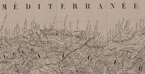 Figure 2. Detail from Carette E. & Warnier, A. (1846) Carte de l’Algérie: divisée par tribus [France: Institut géographique national] Retrieved from the Library of Congress, https://loc.gov/item/2007630121.