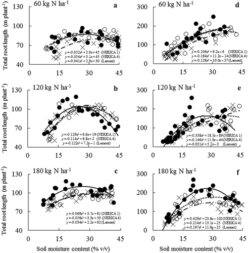 Figure 2. Relationships between soil moisture content and total root length in NERICA 1 (●—), NERICA 4 (○--), and Lemont (×–·) at 60 (low N), 120 (medium N), and 180 (high N) kg N ha−1 in 2011 (a‒c) and in 2012 (d‒f). Data from the two years were measured at 67 and 123 d after transplanting, respectively. The regression equation for the curve y=ax2+bx+c was used to determine the soil moisture content to yield a total root length peak using the formula – b/2a.