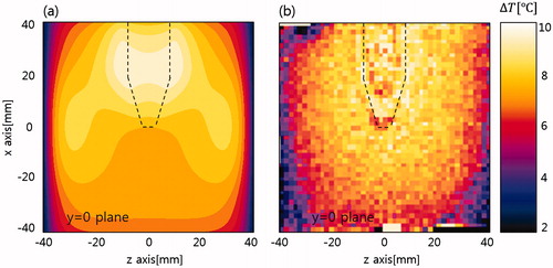 Figure 8. Comparison of temperature maps. (a) Simulation and (b) experiments of RF capacitive heating. Maps are taken at 30 min of heating.