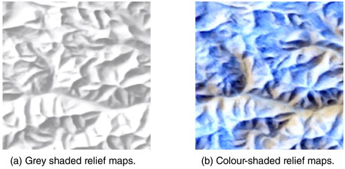 Figure 11. Grey and colour relief shading generated by the same network, resolution and area.