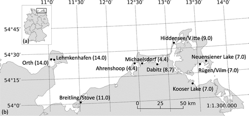Figure 1. (a) Germany and the investigated area (framed); (b) Sampling sites along the Baltic Sea coastline with salinities of each sampling site in parentheses.