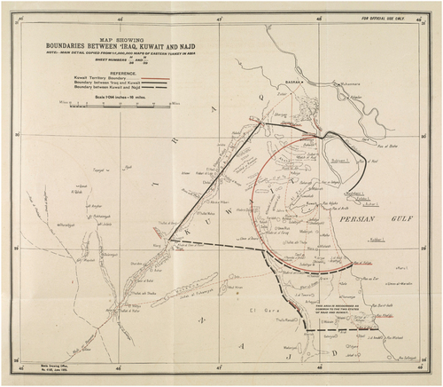 Figure 3. Map showing boundaries between Iraq, Kuwait, and Najd drawn to scale 1;1,000,000, 1925. Source: “Map Showing Boundaries Between Iraq, Kuwait, and Najd [15r] (1/2).” 2021. Qatar Digital Library. Accessed March 27, 2023. https://www.qdl.qa/en/archive/81055/vdc_100023400715.0x000023.