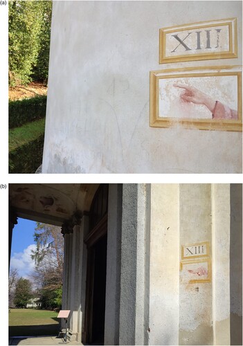 Figure 7. (a) and (b). Two of the painted hands on the chapels, pointing the direction for visiting the next chapel following the right sequence. (Photo C. Molinari, taken 2022).