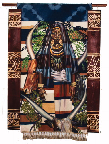 Figure 3. Salamata Barry as Bajemongo, 2018. Acrylic and natural dyes and pigments on wood and hand-dyed cloth. 60 inches × 72 inches. A depiction of Boston high school student Salamata Barry as the matriarch of the Fulani people (concentrated principally in Nigeria, Mali, Senegal, Niger, Cameroon, and Guinea).
