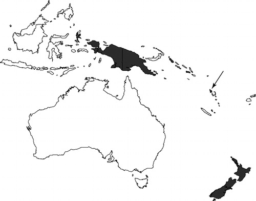 Figure 2 Distribution of Carpodetus (Rousseaceae). The arrow indicates the novel locality on the island of Santo, Vanuatu.