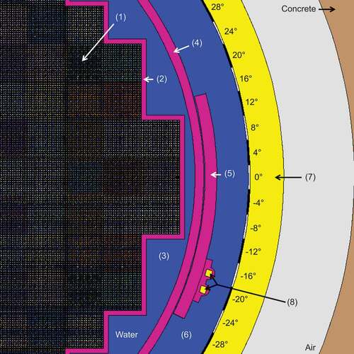 Fig. 2. Radial cut of the MCNP6 reactor modeling with tallies indicated by black and white sections. (1) Fuel assemblies; (2) core baffle; (3) moderator bypass; (4) core barrel; (5) thermal neutron shield; (6) downcomer; (7) RPV; (8) capsules of the French surveillance program.