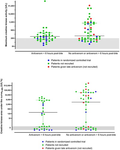 Figure 2. Scatter plot of the creatine kinase activity [A] and creatine kinase activity-area under the curve0-48h [B] comparing patients administered antivenom within 6 h and those not administered antivenom within 6 h, for randomized patients (filled blue circles), non-randomized patients (filled green circles) and patients given late antivenom > 6 h (filled red circles).