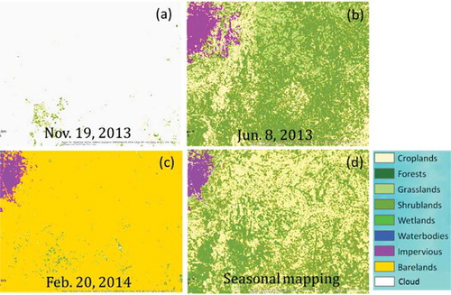 Figure 3. Land cover maps derived from Landsat images acquired on different dates for Yelwa City, Kebbi State, Nigeria. (a) 19 November 2013; (b) 8 June 2013; (c) 20 February 2014; (d) derived from images of all seasons.
