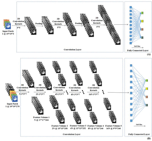 Figure 4. Architecture of the 2D- and 3D-CNN models for HSI dataset. (A) is the architecture of 2D-CNN and (B) is for 3D-CNN.