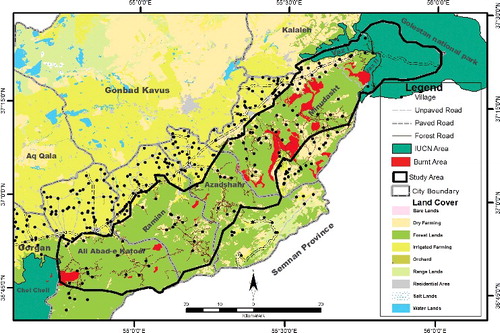 Figure 1. The distribution of towns and villages, paved roads, dirt roads and forest roads in the study area.