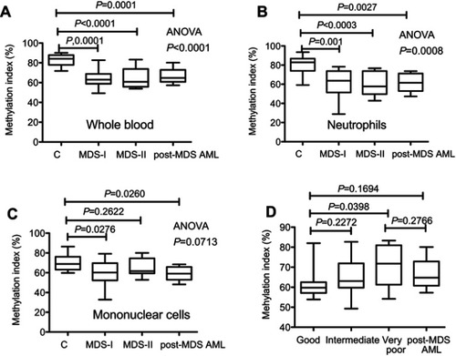 Figure 1 Methylation index (MI) measured using a single-molecule methylation assay (SMMA). The percent of methylation DNA in the sample is shown. (A). MI of whole blood. (B). MI of the neutrophil fraction. (C). MI of mononuclear cells. (D). MI is significantly increased in MDS patients with a very poor cytogenetic score according to the Revised International Prognostic Scoring System.