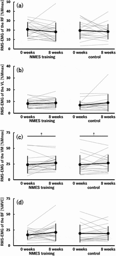 Figure 6. Root mean square value of surface electromyography signal (RMS-EMG) of the rectus femoris (RF) (a), vastus lateralis (VL) (b) and medialis (VM) (c), and biceps femoris (BF) (d) under isotonic conditions before (0 weeks) and after (8 weeks) the 8-week intervention in the neuromuscular electrical stimulation (NMES) training (n = 21) and control (n = 18) groups.