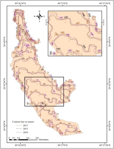 Figure 3. Superimposition of contour values in three respective years; 2017, 2013 and 2010 at an interval of 50 meter showing the spatio-temporal changes in contour spacing towards upstream. Source: Author (Based on extracted data from SRTM 30m, Aster DEM,Total Station using Arc GIS 10.3.1 and TNTmips platform).