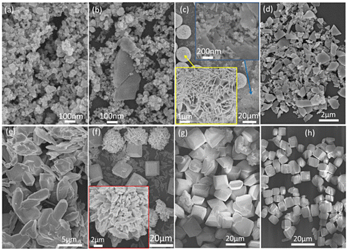 Figure 3. FE-SEM micrographs showing morphologies of the products obtained at the different reaction temperatures of (a) room temperature, (b) 70, (c) 80, (d) 100, (e) 150, (f) 160, (g) 170, and (h) 200 °C.