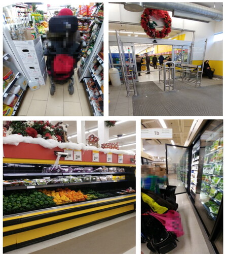 Figure 2. Barriers in grocery stores. (a) Navigating ‘Jenga’ aisles with Yasmin, (b) ‘choppers’ at store entrances. (c) Plastic bags too high for Anna to reach, (d) freezer doors with Sam.
