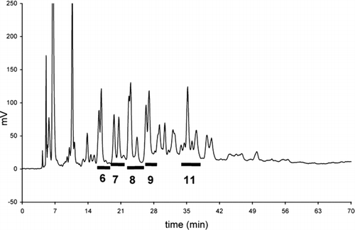 FIGURE 3 Separation of ABEE-labeled neutral oligosaccharides from pig gastric mucin on LiChrospher 100 NH2 HPLC column. Numbered peaks were analyzed for their monosaccharide composition (Table 3).