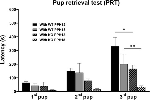 Figure 5. Sires paired with KO dam retrieved pups faster. Pup retrieval by sires paired with WT dam (With WT, plain) and those paired with KO dam (With KO, hatched) during the period within PPH 12 (PPH12, dark) and after PPH 18 (PPH18, light). All values are Mean ± SEM. *p < 0.05, **p < 0.01.