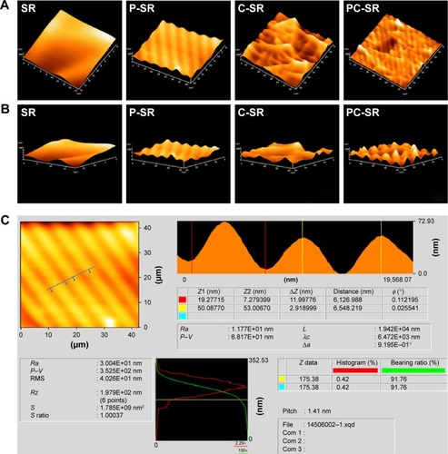 Figure 1 Surface topography of samples as observed by AFM in each group.Notes: (A) Front view. (B) Side view. (C) Surface microgroove parameters.Abbreviations: SR, silicone rubber; P-SR, patterned silicone rubber; C-SR, C-ion-implanted silicone rubber; PC-SR, patterned C-ion-implanted silicone rubber; RMS, root mean square.