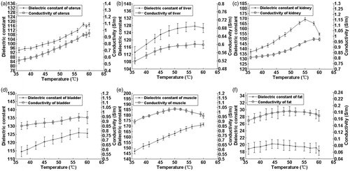 Figure 5. Temperature-dependent dielectric properties of porcine tissues at 43 MHz, with mean values and uncertainty margins of the dielectric constant and electric conductivity.