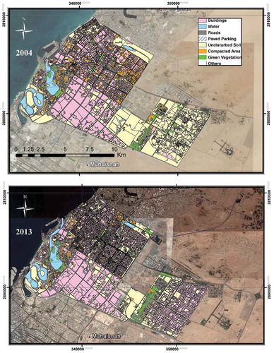 Figure 11. Digitized land cover/land use features for Sharjah City for 2004 and 2013.