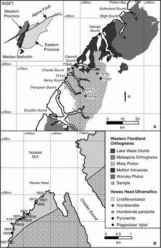 Figure 1  Geological map of western Fiordland between Sutherland and Doubtful sounds showing plutons of the Western Fiordland Orthogneiss and sample locations (after Allibone et al. Citation2009b). Country rocks including the Western Province are excluded for clarity. Grid references refer to the NZMS260 1:50,000 scale topographic map series. The inset removes movement on the Alpine Fault for the South Island of New Zealand.