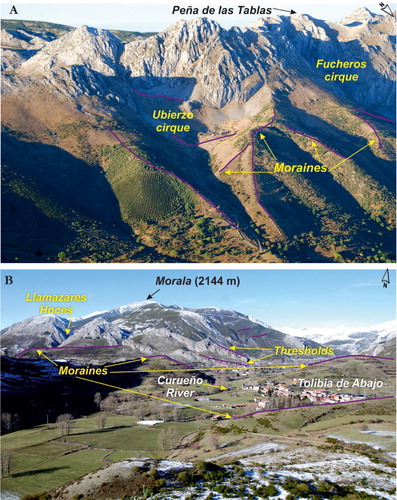 Figure 7. Glacial landforms: (A) cirques and moraines on the Sancenas massif and (B) a system of terminal and lateral moraines near the villages of Lugueros and Tolibia de Abajo.