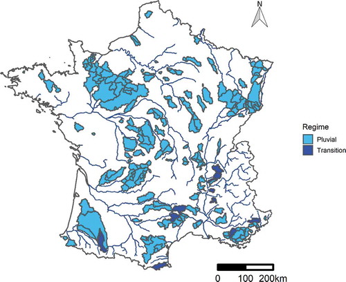 Figure 1. Location of the 229 French catchments selected. The streamflow regimes were determined according to the definition of Sauquet et al. (Citation2008)