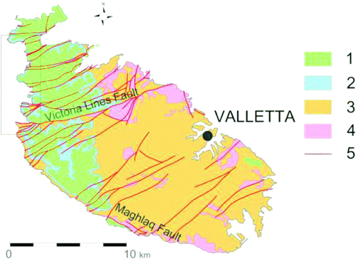 Figure 3. Geological sketch of Malta modified after CitationPedley et al. (2002) and CitationOil Exploration Directorate (1993). Legend: Upper Coralline Limestone Formation (1), Blue Clay Fm. (2), Globigerina Limestone Fm. (3), Lower Coralline Limestone Fm. (4), main faults (5).