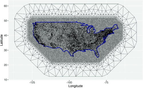 Figure 2. the finite element mesh over the contiguous U.S. And the stations shown as dots.