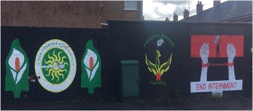 Figure 6. Na Fianna Éireann Easter lilies, Republican Network for Unity and Cogús murals by Republican Network for Unity, taken by author, May 2022.
