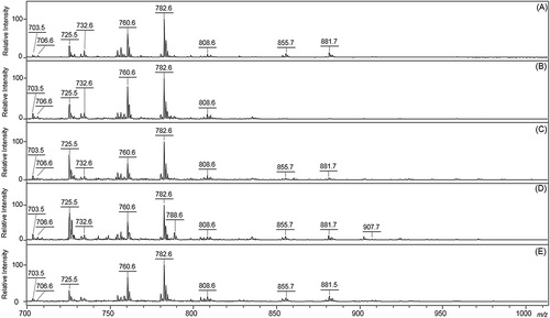 Figure 4. MALDI-MS lipid profiles of immature oocytes (IO) and oocytes supplemented with sera during IVM in the presence (COC) or absence (DO) of cumulus cells. Spectra were obtained in the positive mode using 2,5-dihydroxybenzoic acid (DHB) as matrix. Analyses were performed directly on pools of 5 mechanically denuded oocytes from 15 replicates. (A) IO; (B) FBS-COC; (C) SSS-COC; (D) FBS-DO; and (E) SSS-DO. IVM: in vitro maturation; COC: cumulus-oocyte complex; DO: denuded oocyte; FBS: fetal bovine serum; SSS: synthetic serum substitute; CC: cumulus cells.