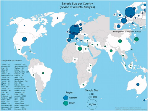 Figure 1. Number of sperm samples per country over the period 1973–2011 included in the 2017 meta-analysis.