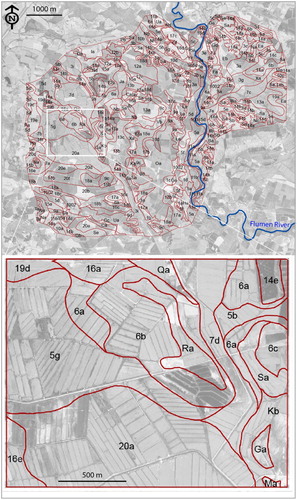 Figure 4. Soil map of Barbués and Torres de Barbués and an enlarged sample area. The scale of the map allows identification of individual plots and the soil attributed to them. The labels in the sample area are explained in Table 1.