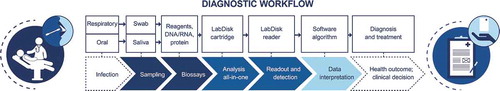 Figure 1. Value chain of components and processes that are common in the diagnostic workflows of oral and respiratory tract infections based on the lab-on-a-disk platform. (Figure reprinted from [Citation5], Copyright (2016), with permission from IOS press. The publication is available at IOS press through http://dx.doi.org/10.3233/978-1-61499-653-8-61)