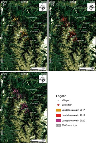 Figure 8. Landslides area distribution after the 2017 Jiuzhaigou MS7.0 earthquake. (a) 2017, (b) 2019, (c) 2020.