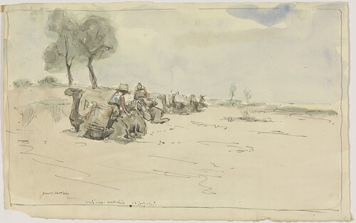 Figure 8. James McBey, The Long Patrol: ‘Saddle Up’, 12 July 1917, pen and ink with watercolour on paper, 203 × 342 mm. London, Imperial War Museum (Art.IWM ART 1674: The Long Patrol, Wadi-um-Mukhsheib) © Aberdeen City Council (James McBey). Note: I have used the title given by McBey, as reflecting the intended atmosphere of this piece.