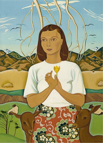 Figure 4. Rita Angus, Goddess of Mercy Oil on canvas. Collection of Christchurch Art Gallery, Te Puna o Waiwhetū; Purchased 1956. The opportunities presented in response to climate change draw on deep themes in Aotearoa’s culture and geography. Many of these facets can be found in artworks such as Rita Angus’s ‘A Goddess of mercy’ (painted 1945-1947). A key element of the painting is the misfit between styles from other parts of the world (discussed in T1), this mismatch is evident in how the figure is portrayed in the style of Renaissance art with an anomalous background of Canterbury high country. The painting depicts diverse crops in the mid ground (discussed in O3 and O5). The value of soils is highlighted through the tilled field and the agricultural crops (O9). Angus is visually emphasising women as an underrepresented group in the landscape (O10). Painted at the end of World War Two, the painting highlights the opportunities to fulfil Angus’s pacifist ideals.