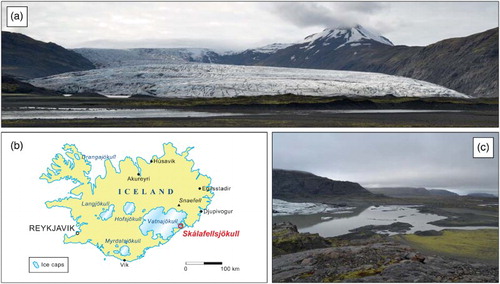 Figure 1. (a) Field photograph of Skálafellsjökull descending from the Breiðabunga plateau in eastern Vatnajökull (27 May 2014). The present-day ice-front is ∼1.4 km wide. (b) Map showing the location of Skálafellsjökull, SE Iceland. (c) Skálafellsjökull descends onto the Mýrar plain where it terminates as a piedmont lobe and is fronted by a proglacial lake (22 May 2014). Measuring from the ice-front, the lake is ∼350 m wide.