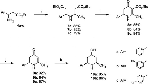 Scheme 2 Synthesis of 2-aryl-6-methyl-2,3-dihydro-1H-pyridin-4-ones 9. (h) t-Butyl acetoacetate, AcOH, C6H6, reflux; (i) t-BuOK, t-BuOH, 50°C; (j) TFA, CH2Cl2, reflux, (k) NaBH4, EtOH, RT.