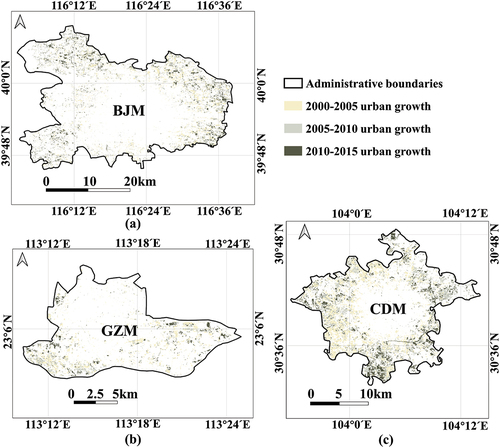 Figure 4. Trends of new urban growth from 2000–2015 in the study areas. (a) trend of BJM. (b) trend of GZM. (c) trend of CDM.