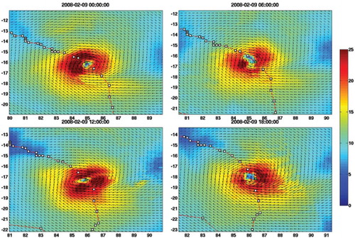 Figure 7. Example of blended wind fields estimated from corrected QuikSCAT and ASCAT wind observations for the four epochs (00h:00, 06h:00, 12h:00, 18h:00 UTC) of February, 2nd 2008 during tropical cyclone Hondo. Circles indicate cyclone path. Units are m/s.